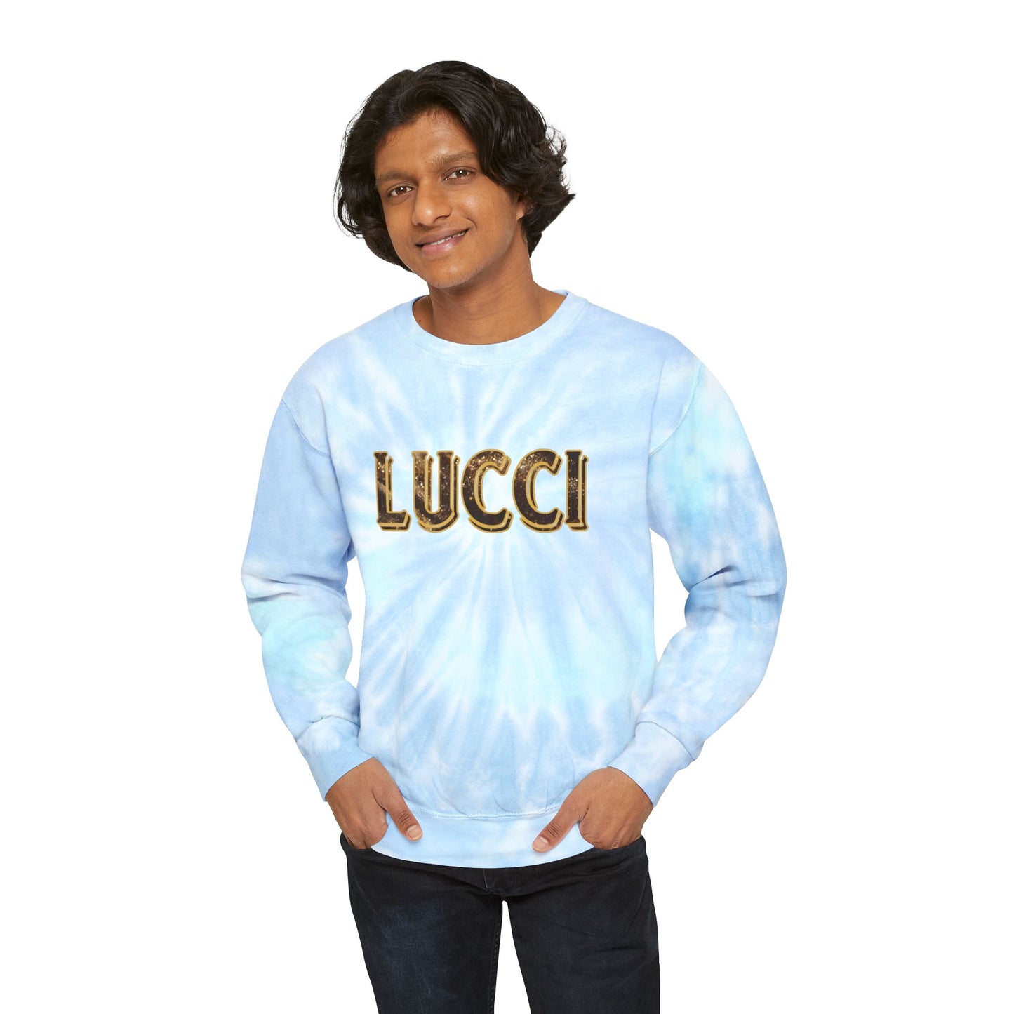 Trendy Tie-Dye Sweatshirt with 'LUCCI' Design, Cozy Casual Wear, Perfect Gift for Friends, Unisex Streetwear, Fashion Statement